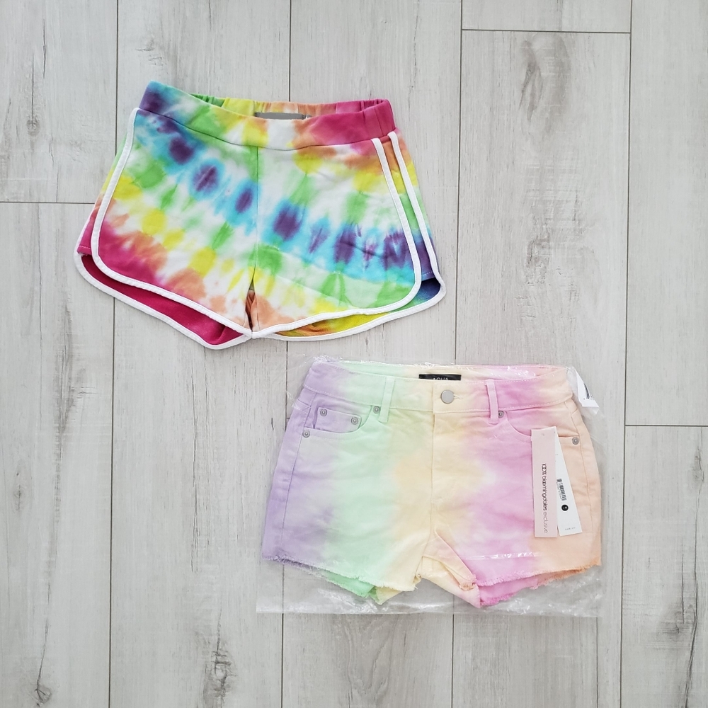 Girls Summer Stretchy Gym Shorts Denim Jeans Cotton Size 10 Tie Dye Rainbow